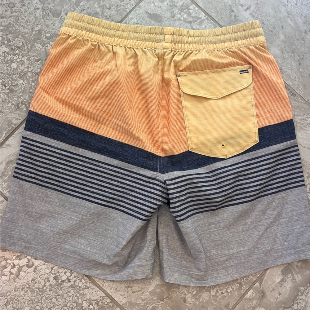 Hurley Men's Orange and Gray Striped Hybrid Swim Shorts, size L - Picture 3 of 6